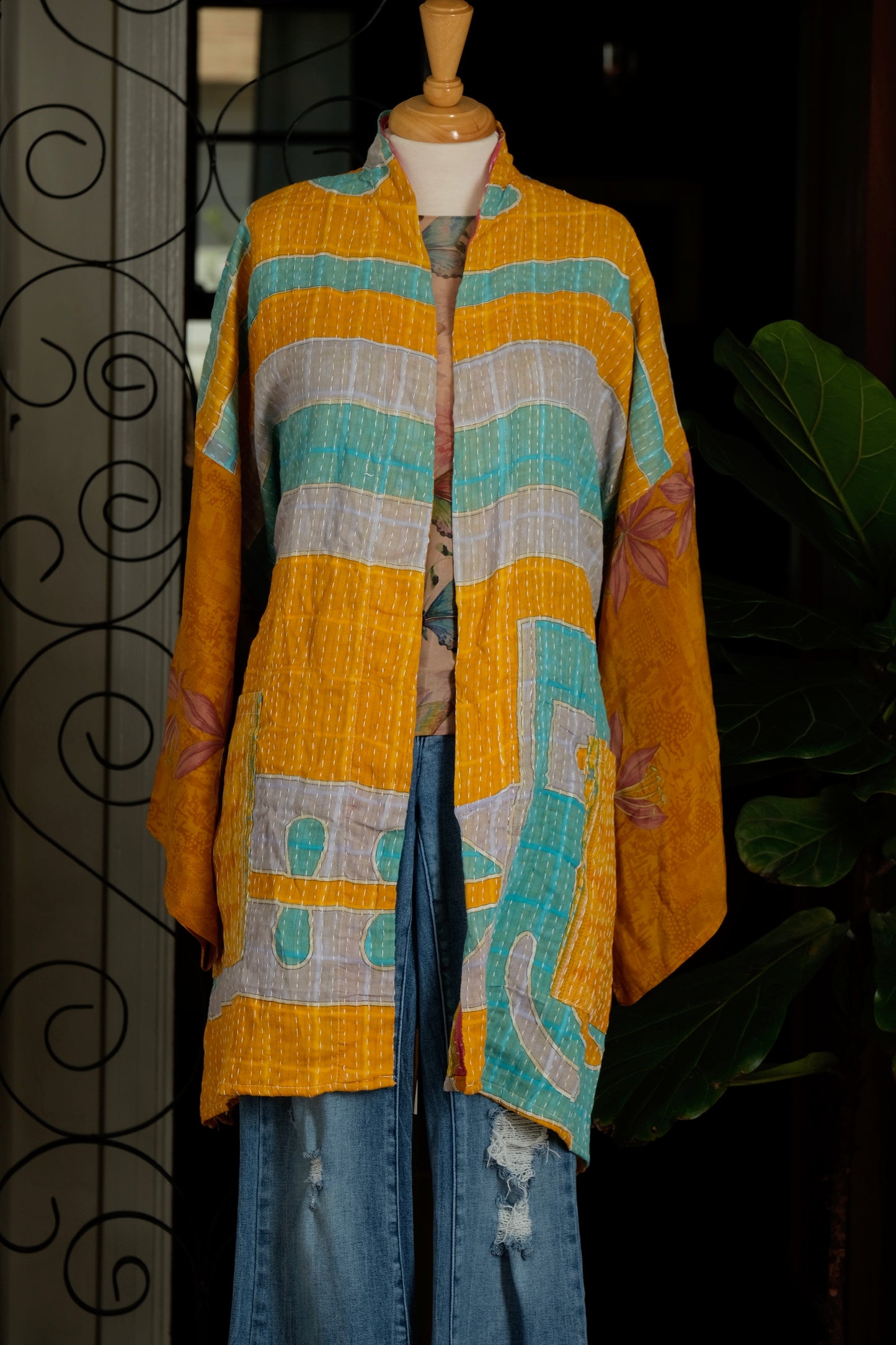 Silk Sleeve Kantha Jacket in Sunshine Stripe