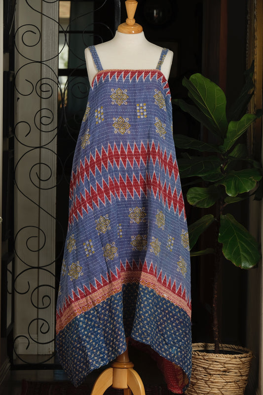 Kantha Maxi Dress in Tribal Blue