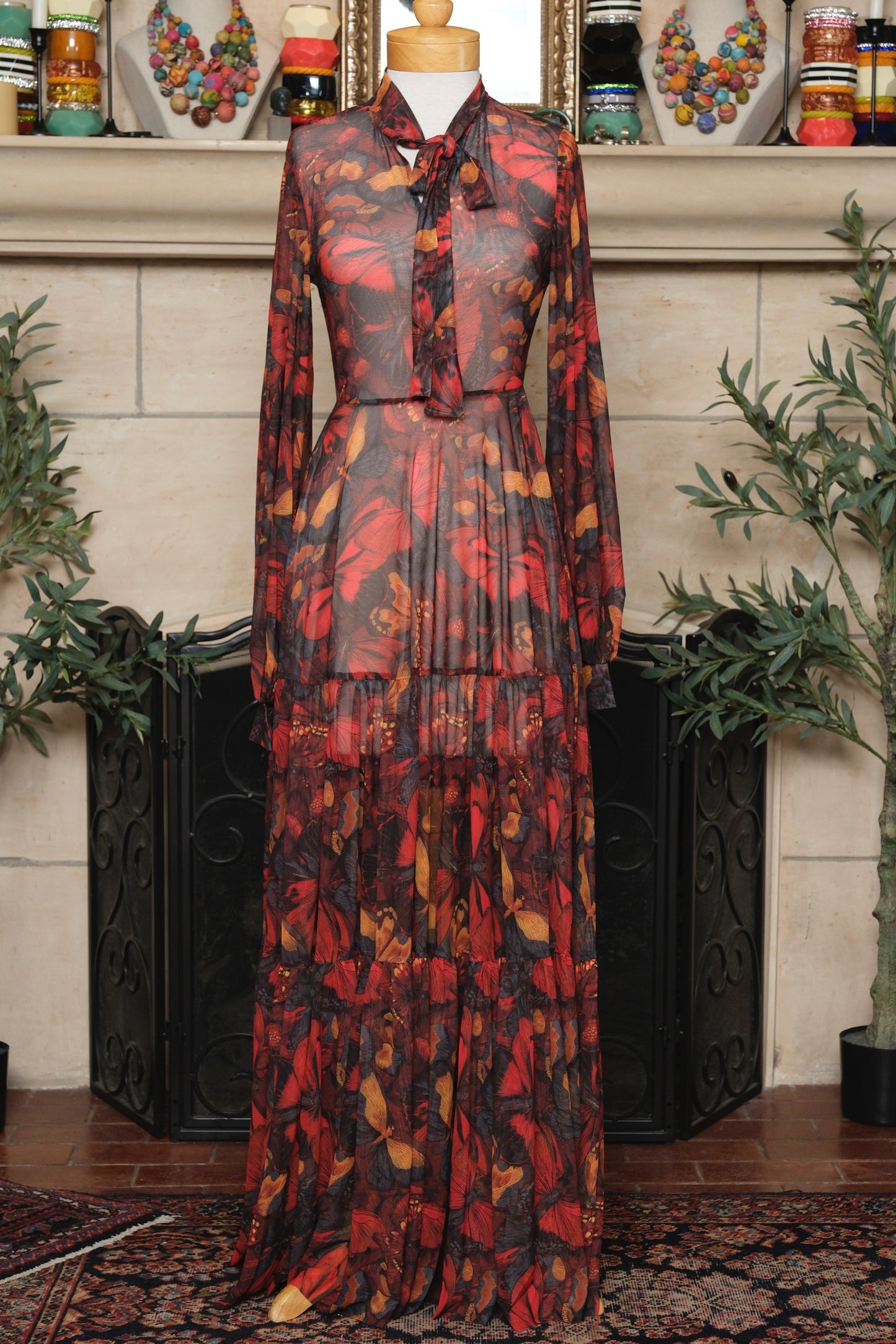 Mesh Tea Dress in Red Butterfly