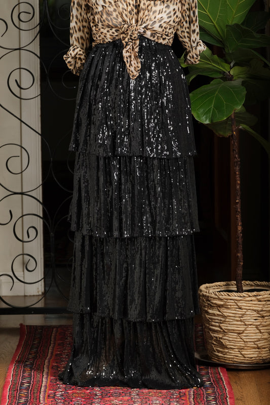 Black Sequin Tiered Maxi Skirt by Jennafer Grace – Chateau Bel Age Boutique