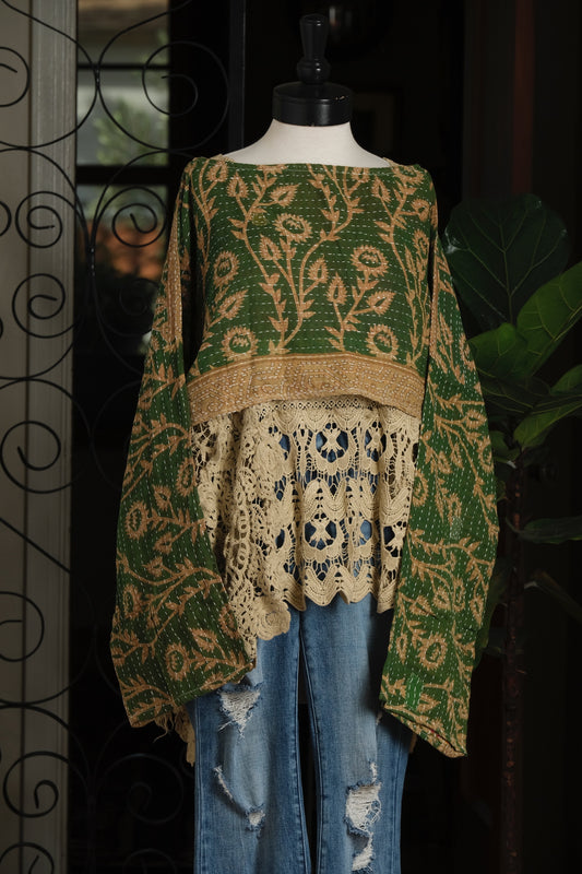 Crop Top in Green with Dandelions