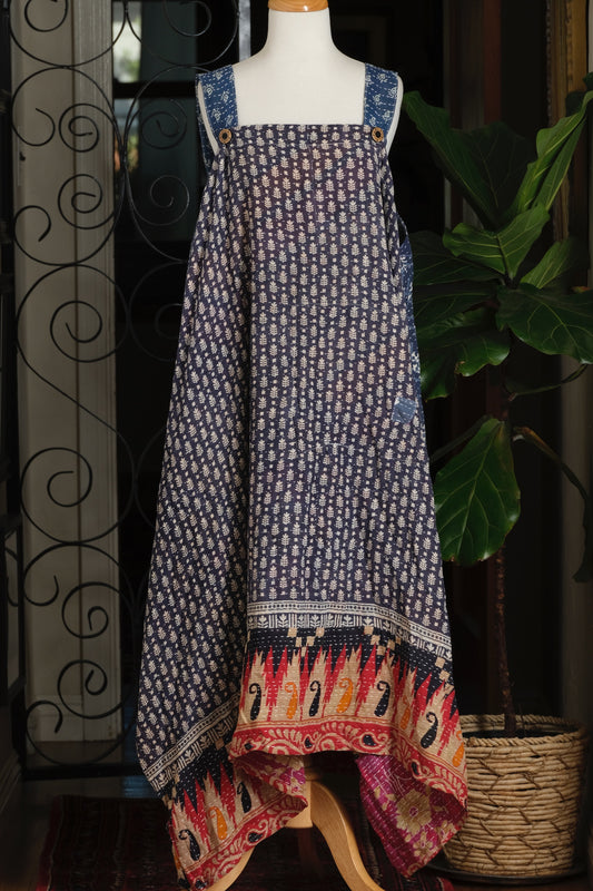 Button Kantha Maxi Dress in Tribal Blue