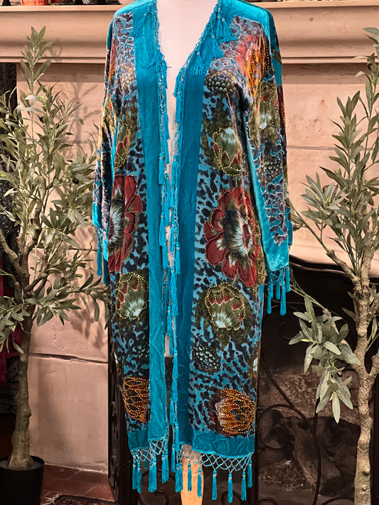 Burnout Velvet Duster in Turquoise Garden