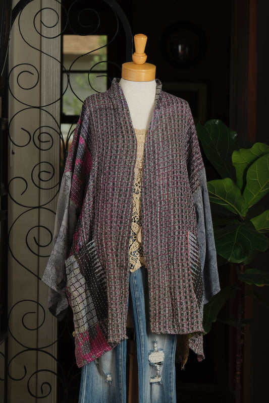 Silk Sleeve Kantha Jacket in Gray Roses