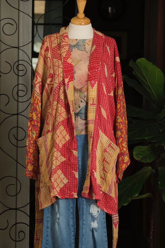 Silk Sleeve Kantha Jacket in Lotus Eater