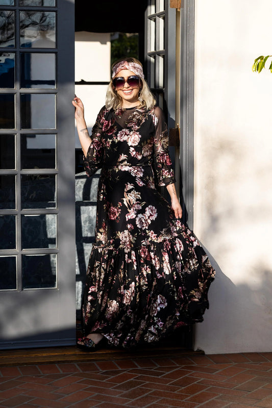 Antique Rose Foil Ruffle Dress by Jennafer Grace