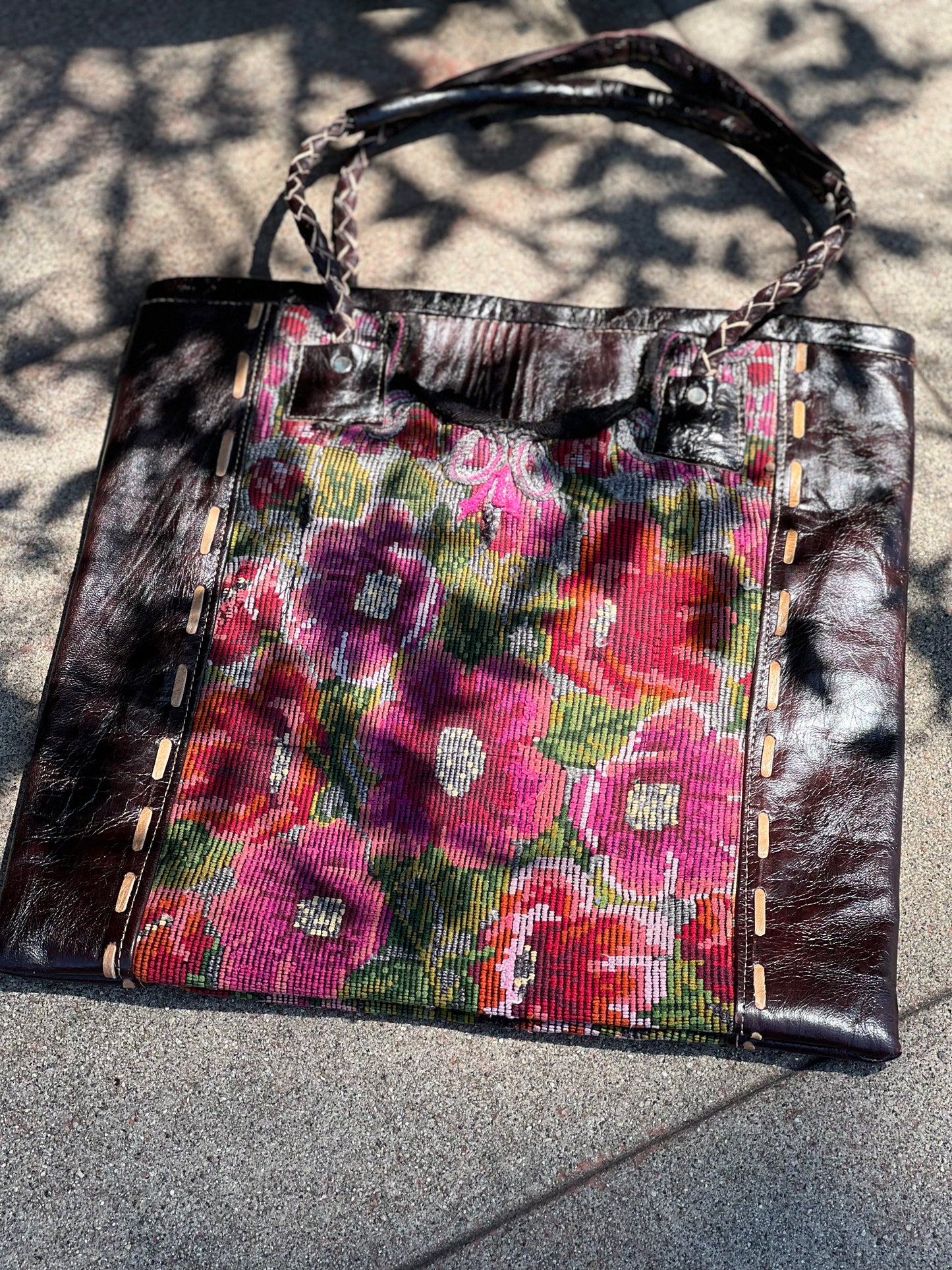 Needlepoint Leather Tote in Pink Poppies