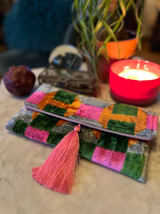 Ikat Clutch in Pink Squares