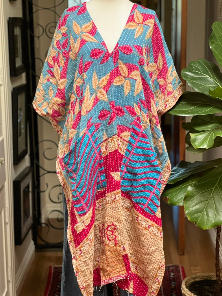 Kantha Split Tunic in Fuchsia Leaf