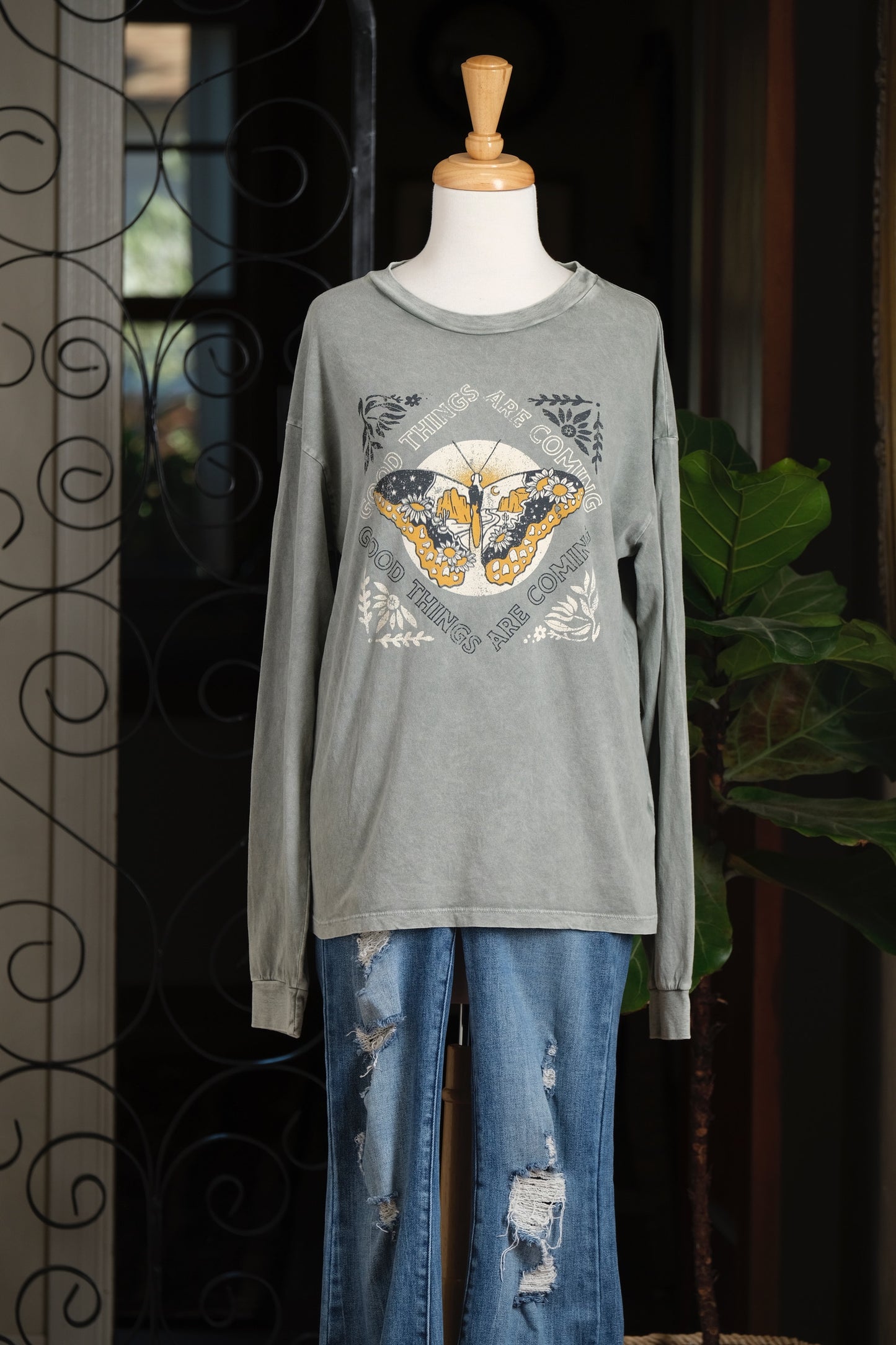 Good Things Are Coming Long Sleeve Shirt in Vintage Sage