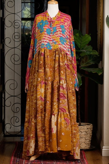 Silk Majestic Duster Dress in Turquoise Flower