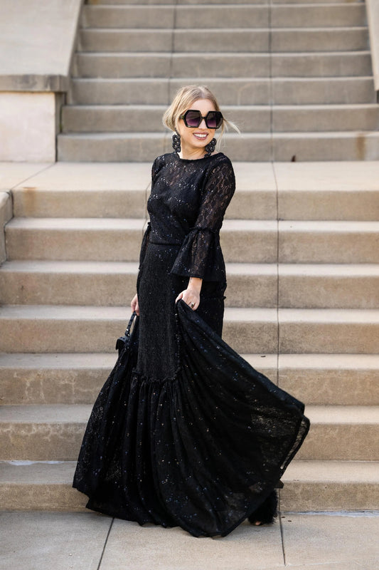 Black Sequin Lace Ruffle Dress by Jennafer Grace