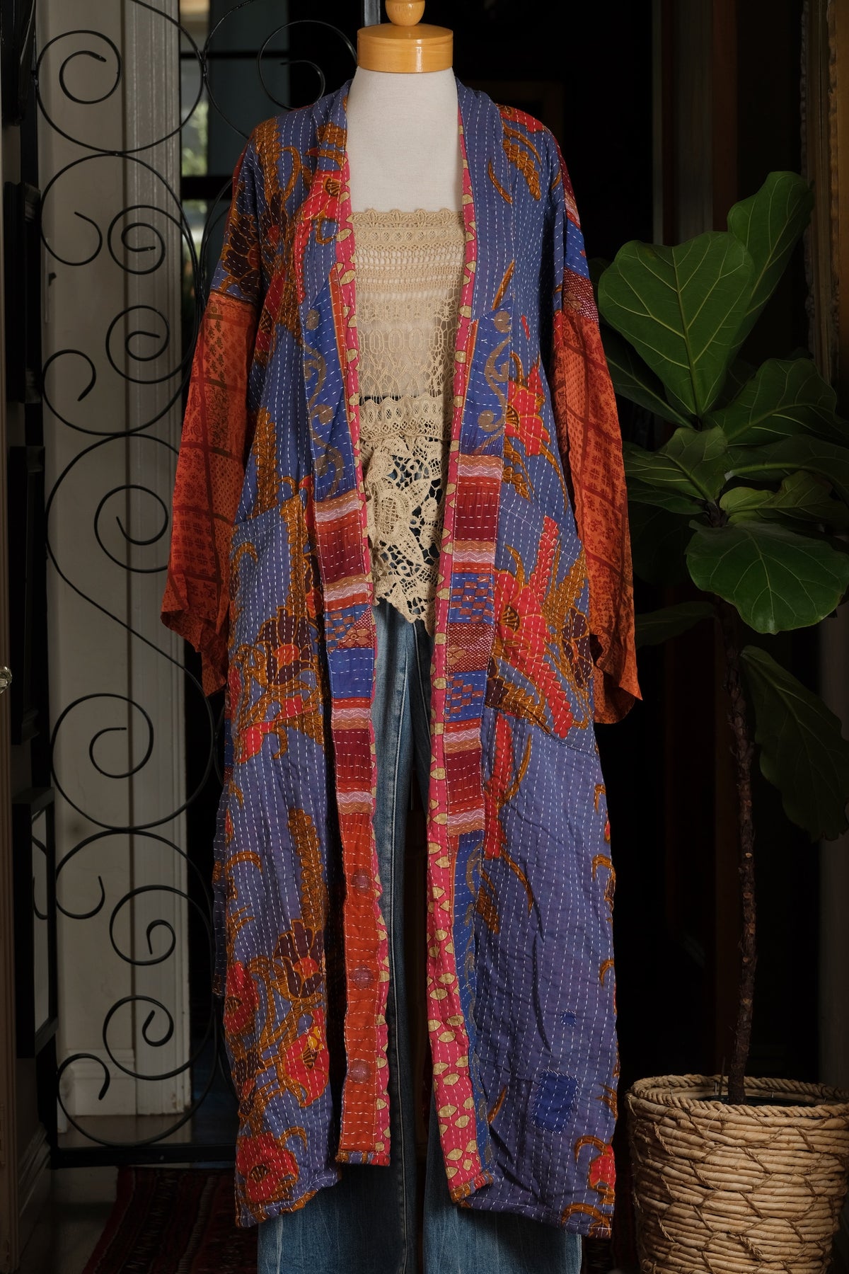 Silk Sleeve Kantha Jacket in Blue Garden