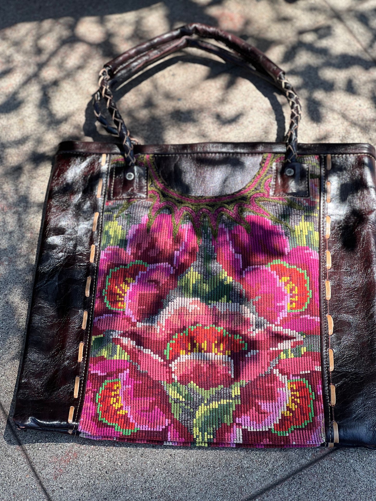 Needlepoint Leather Tote in Pink Lotus