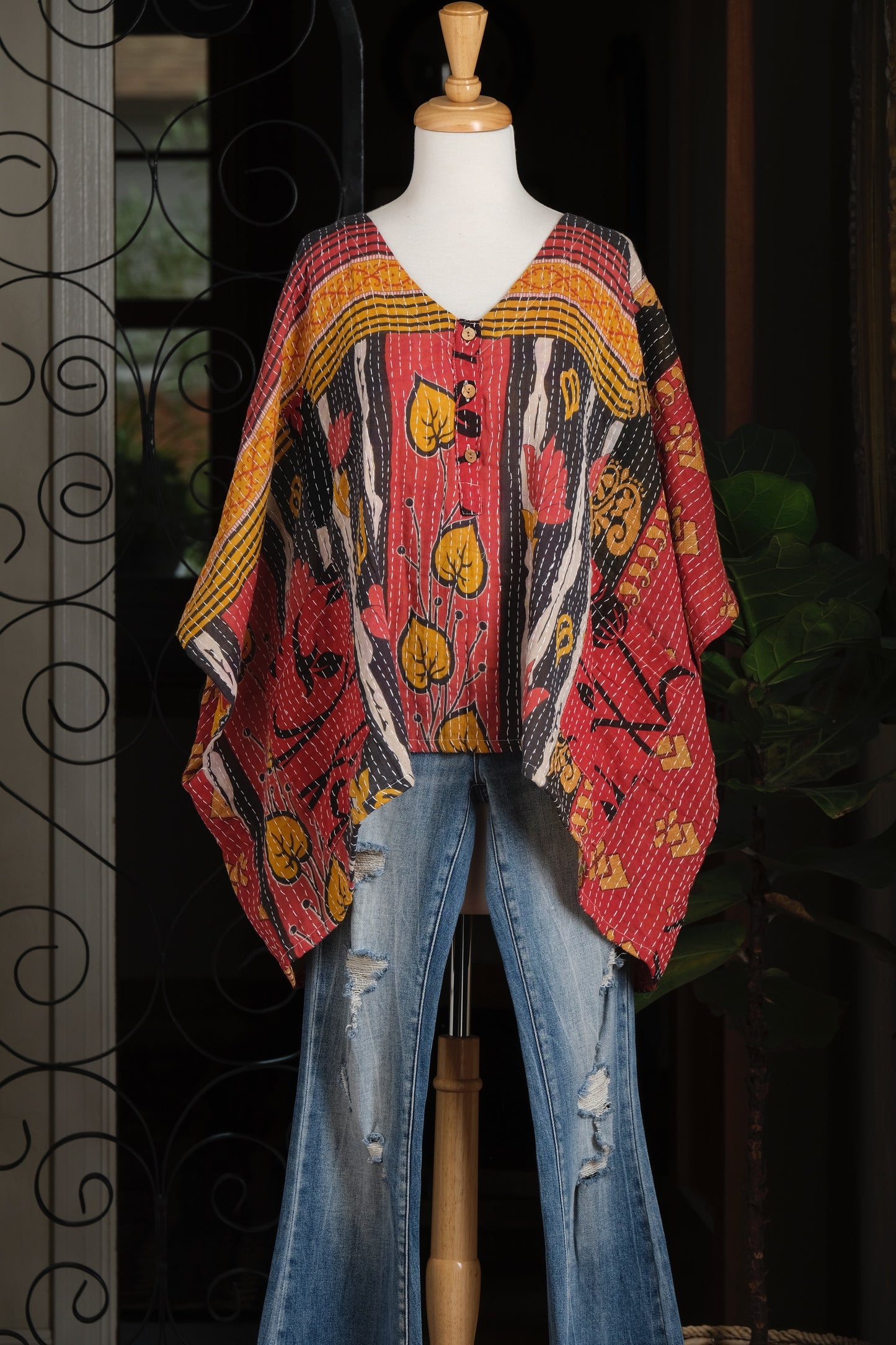 Kantha Button Top in Red Flower Yellow Leaf