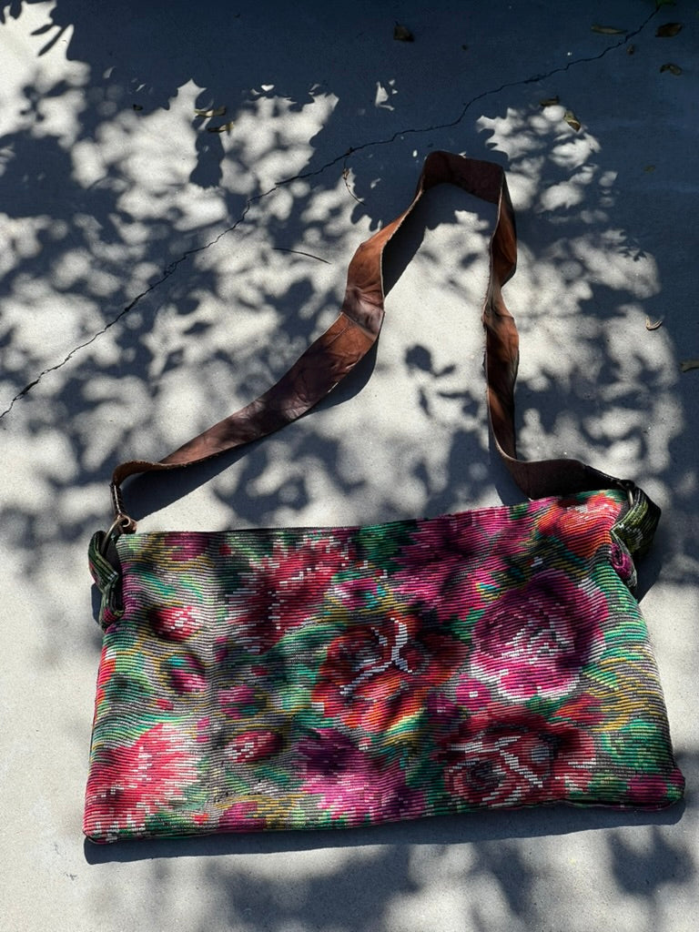 Needlepoint Crossbody in Pink Red Rose