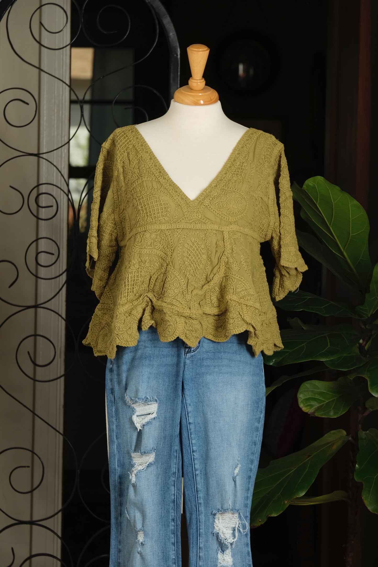 Adelise Embroidered V Neck Top in Fern