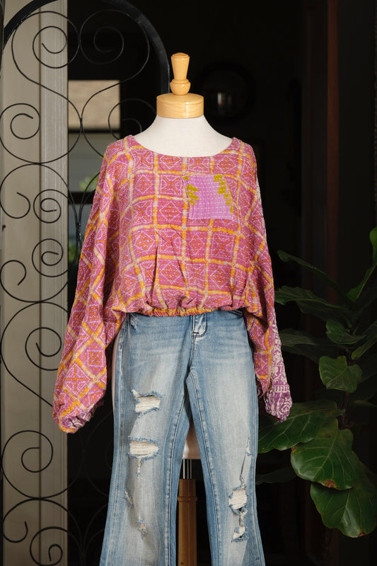 Gathering Top in Patched Pink