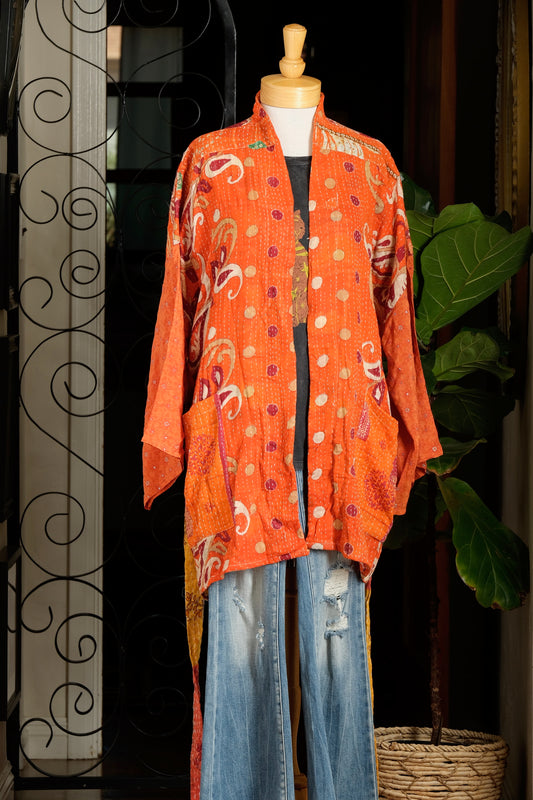 Silk Sleeve Kantha Jacket in Orange Dot