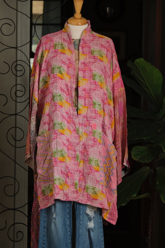 Silk Sleeve Kantha Jacket in Pink Chrysanthemum