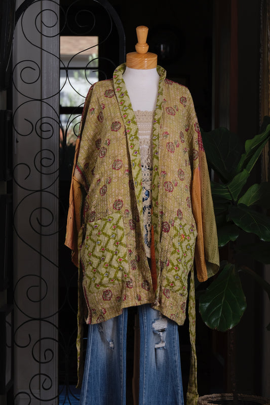 Silk Sleeve Kantha Jacket in Tribal Rose