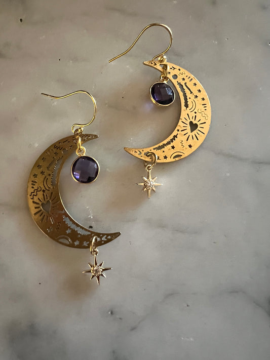 Crescent moon with amethyst drop earring
