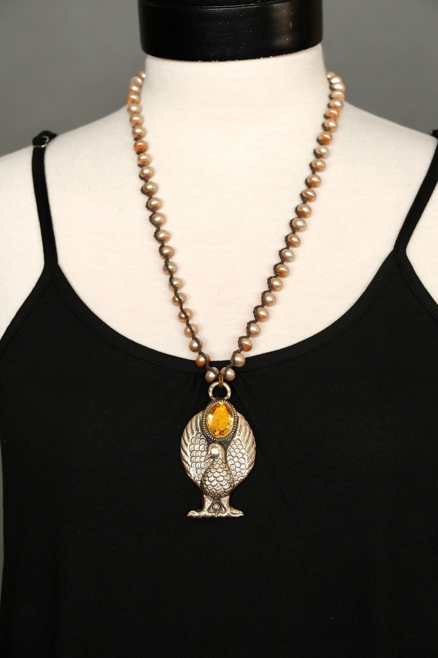 Bejeweled Bird Necklace with Pearls & Citrine