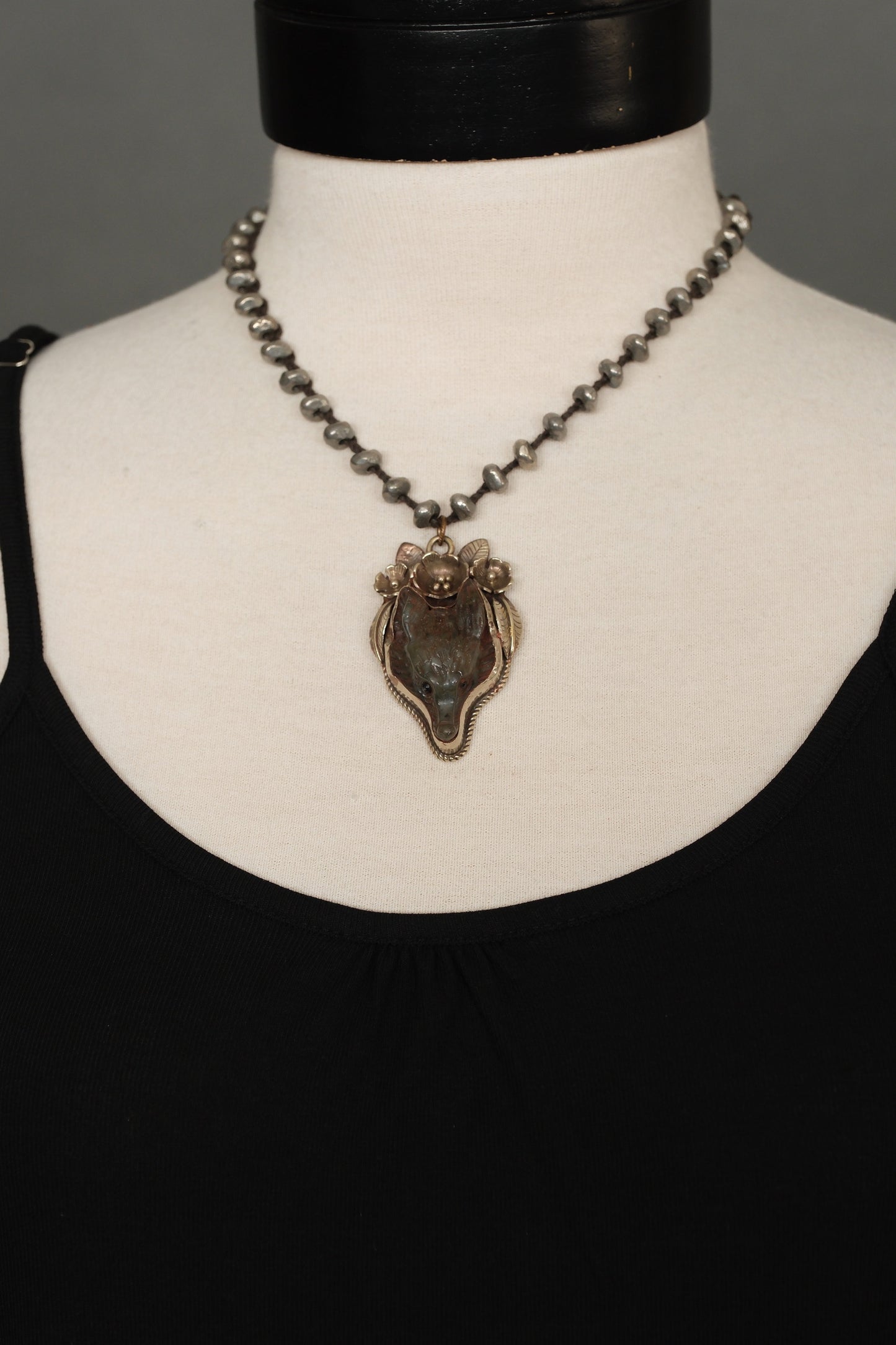 Labradorite Fox with Flowers Pendent Necklace