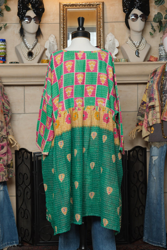 Midi Dress in Green and Pink Checkerboard