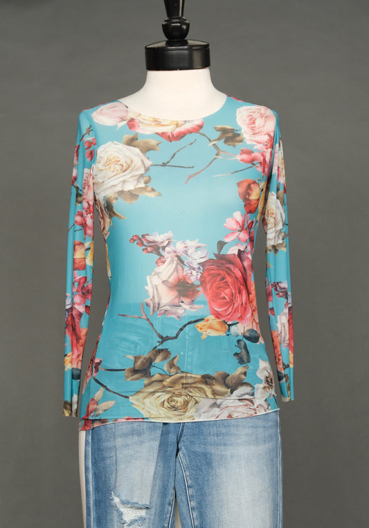 Nude Mesh T in Turquoise Roses