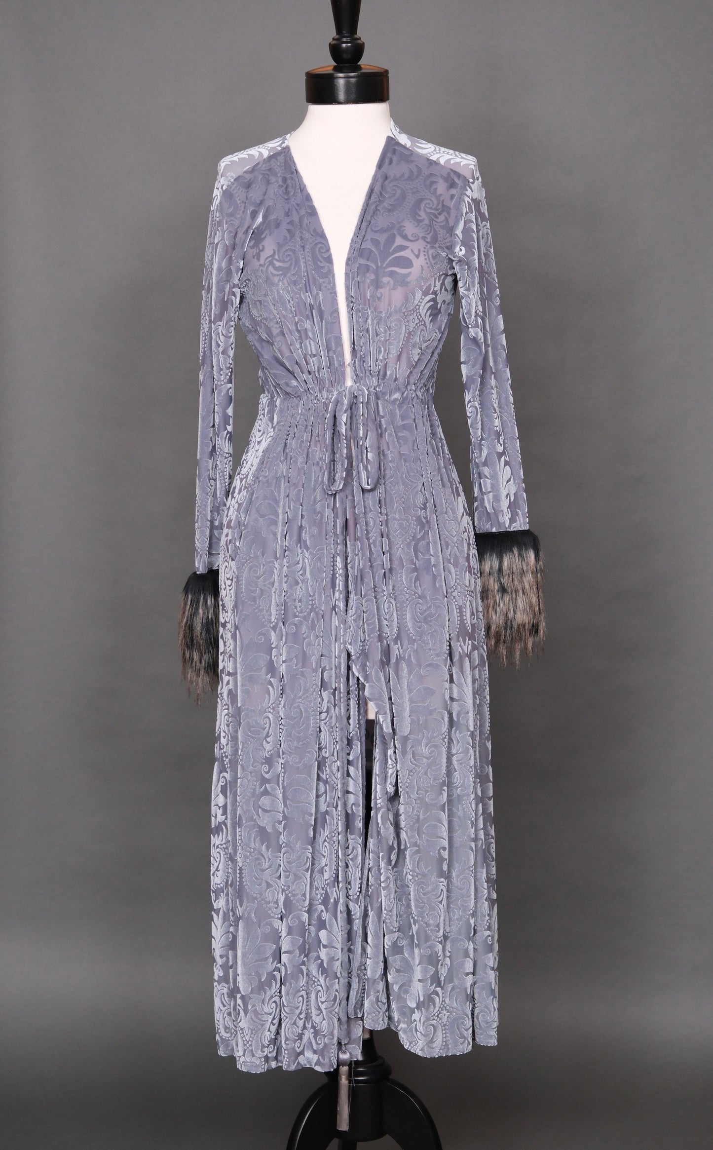 Slate Blue Velvet Burnout Faux Fur Lace Duster by Jennafer Grace