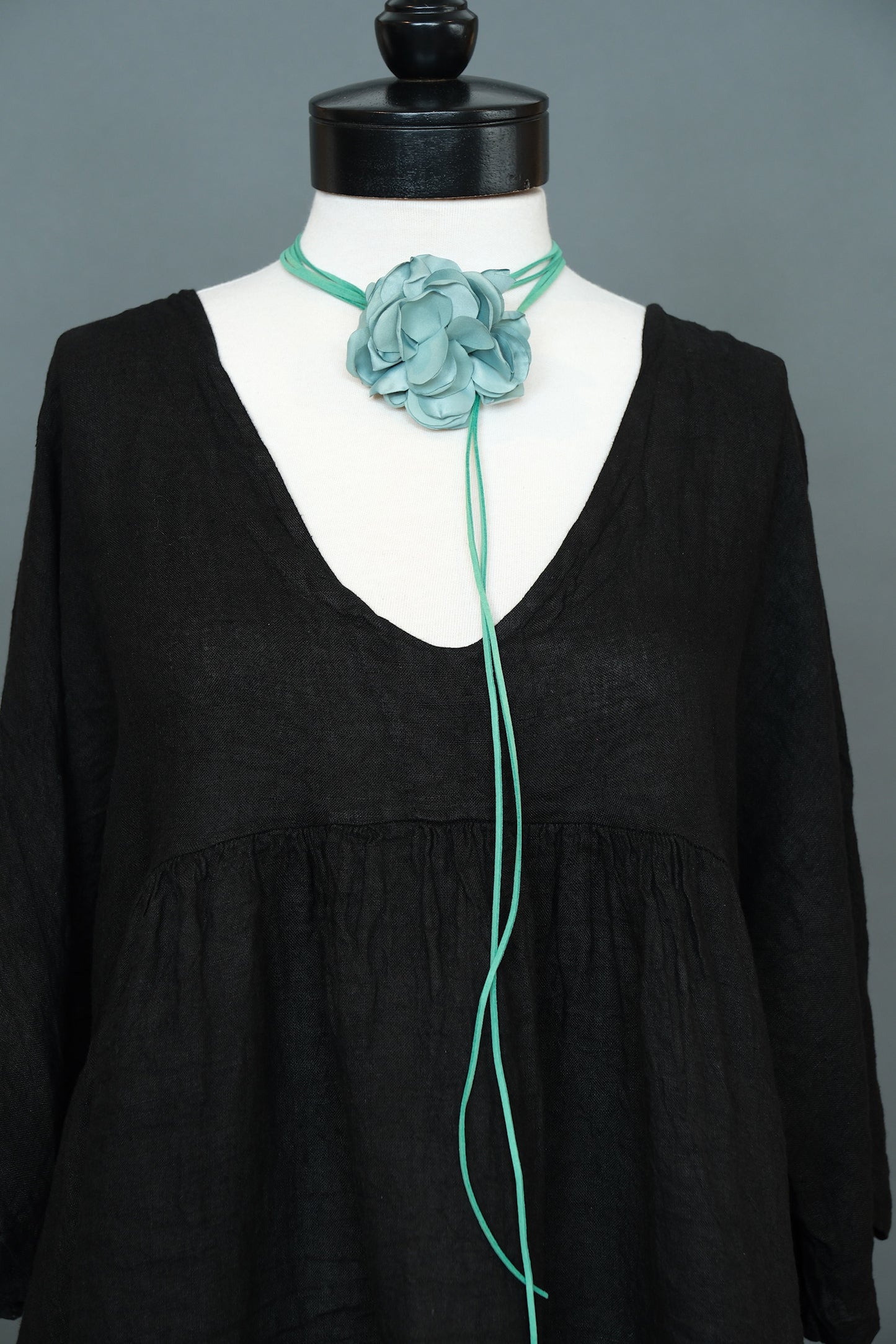 Lariat Silk Flower Necklace in Antique Turquoise