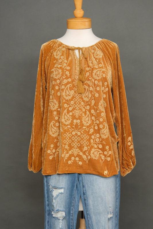 Bella Luxe Peasant Velvet Top in Mustard