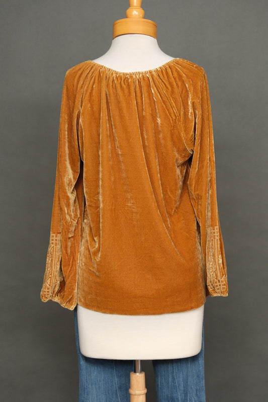 Bella Luxe Peasant Velvet Top in Mustard