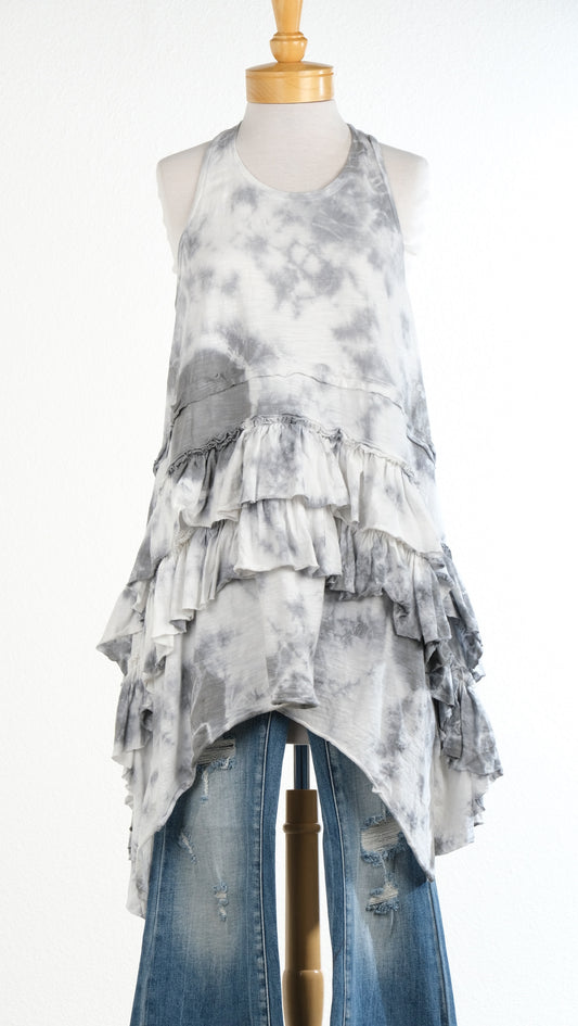 Ruffle Tie Dye Tank in Gray Crumple Light Cotton Spandex Jersey by Krista Larson