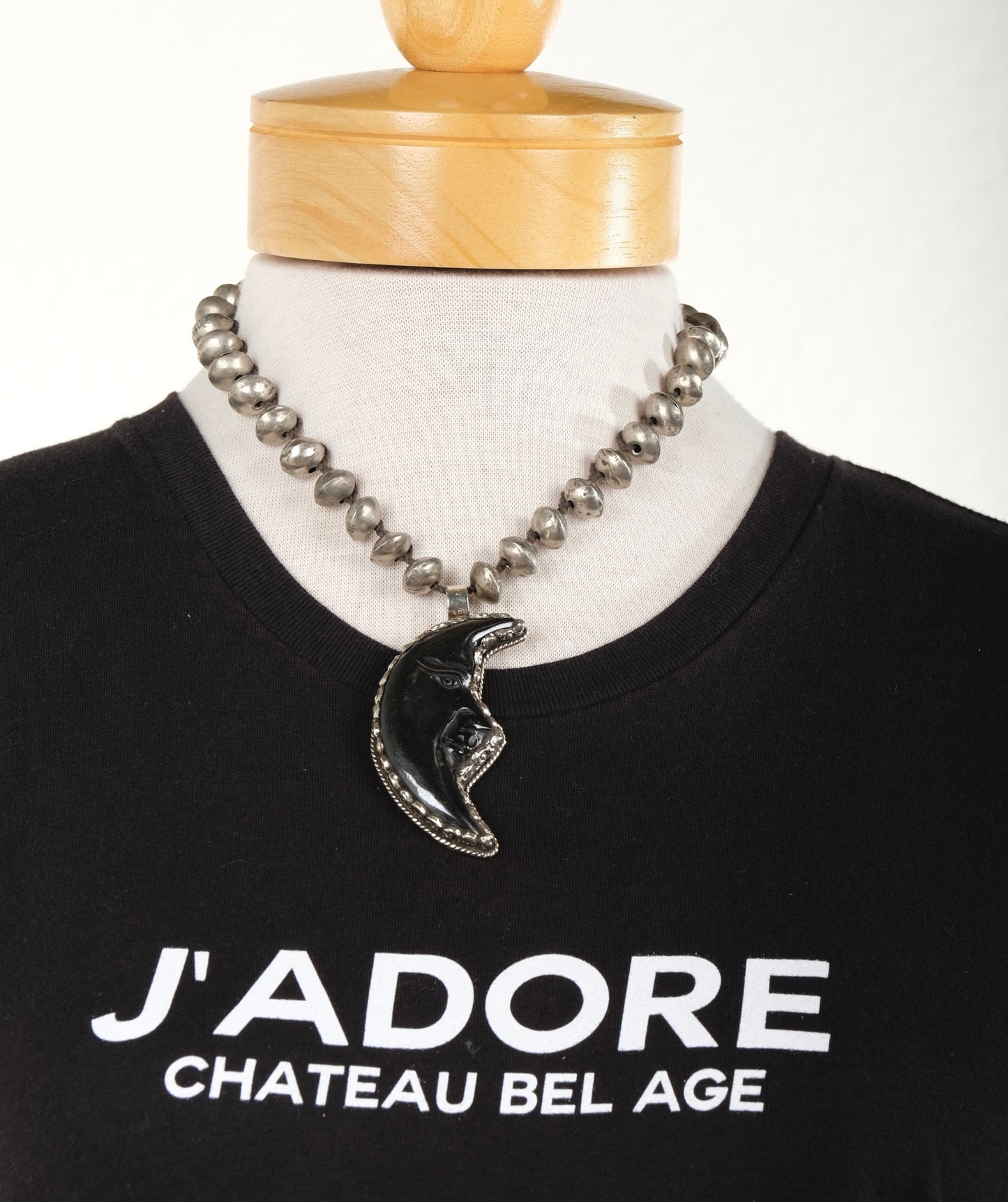 Black Moon Necklace in Hollow Silver Beads