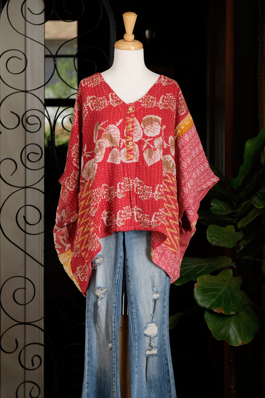 Kantha Button Top in Latte Leaf