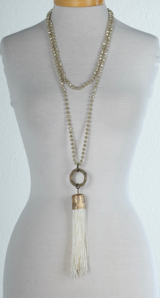 Double Crystal Tassel Necklace in "Ivory"