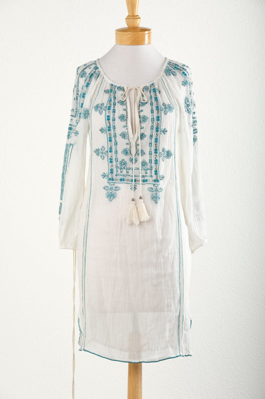 Cotton Gauze Tunic With Teal Embellishments