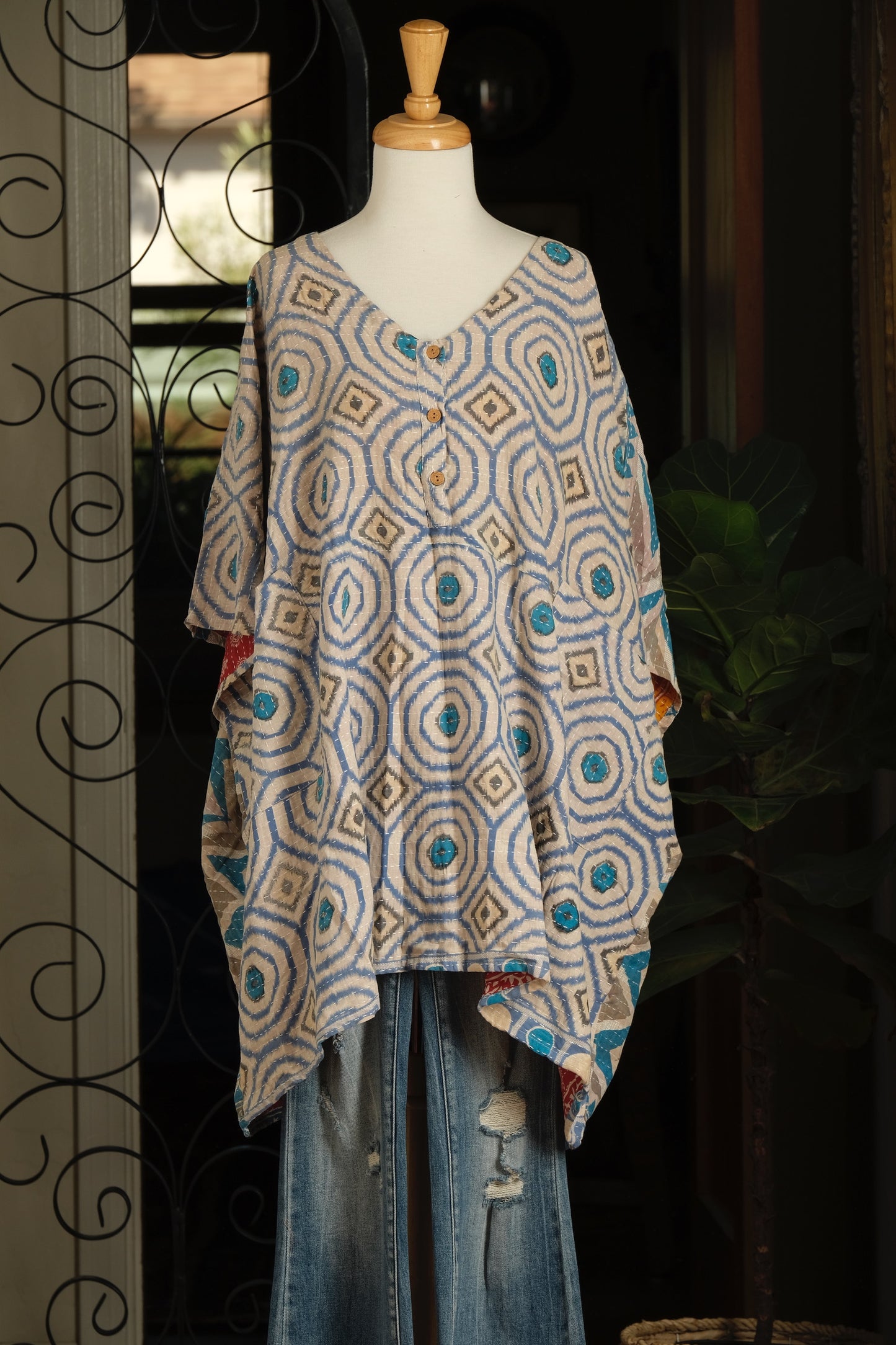 Kantha Button Top in Blue Hypnotic
