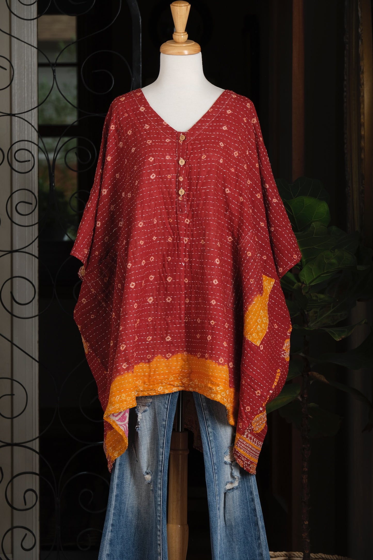 Kantha Button Top in Red Gold Ombre
