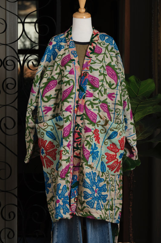 Suzani Cozy Coat in Aqua Garden