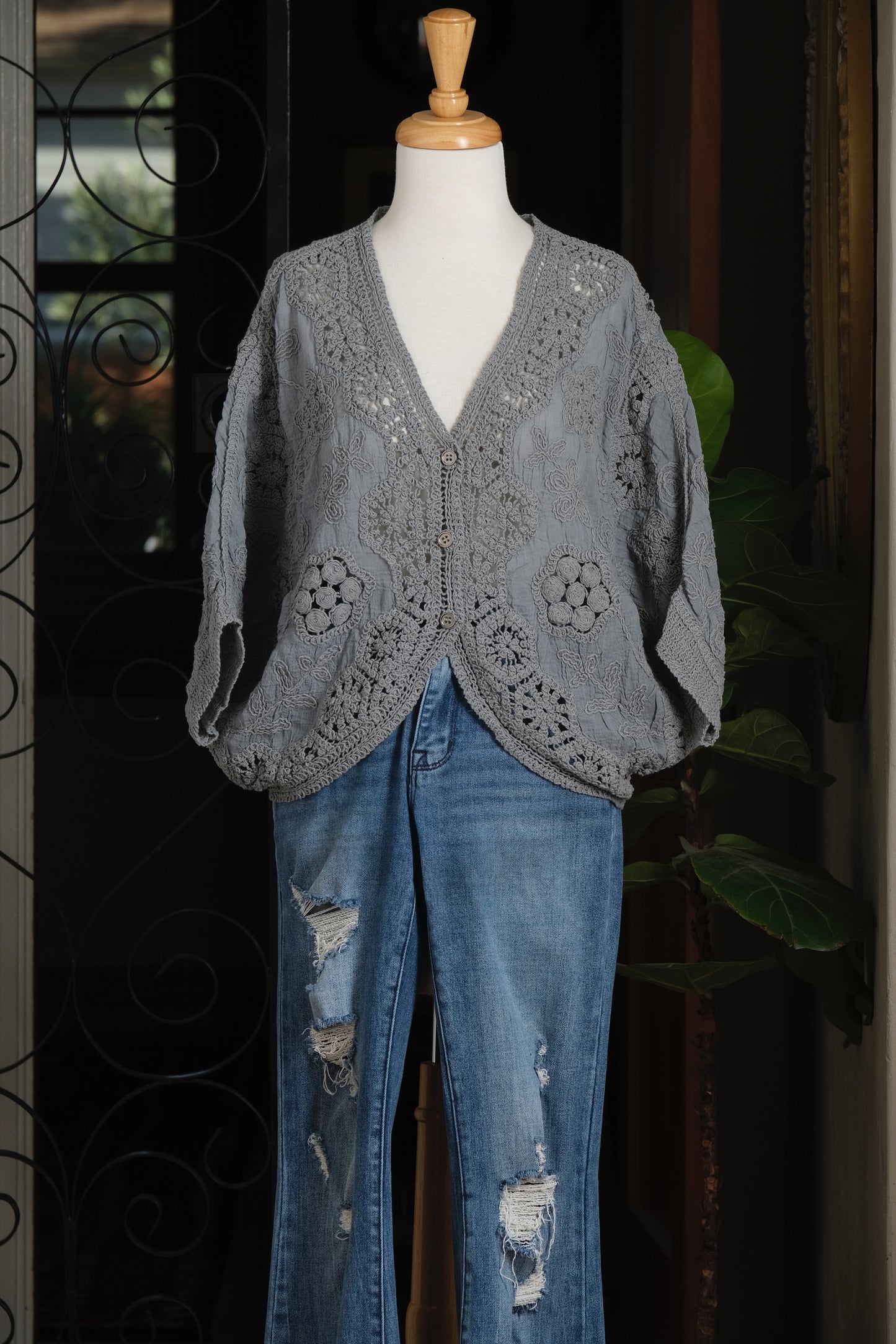 Pia Crochet Cardigan in Slate Blue