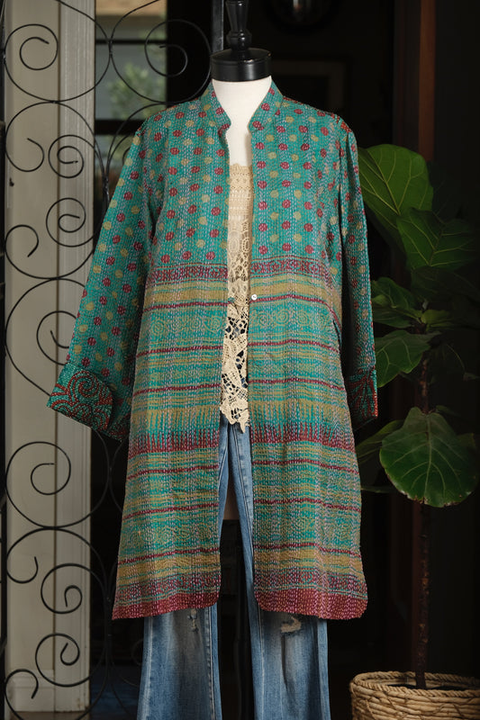 Kantha Silk Jacket in Turquoise Red Dot