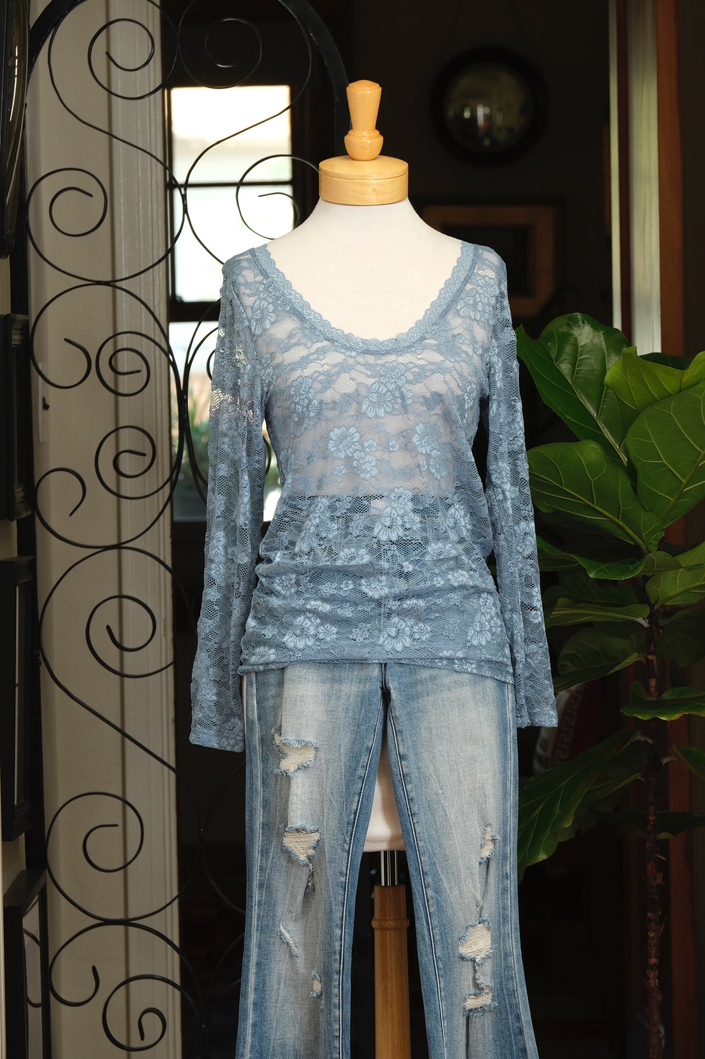 Lace Layering T in Denim Blue
