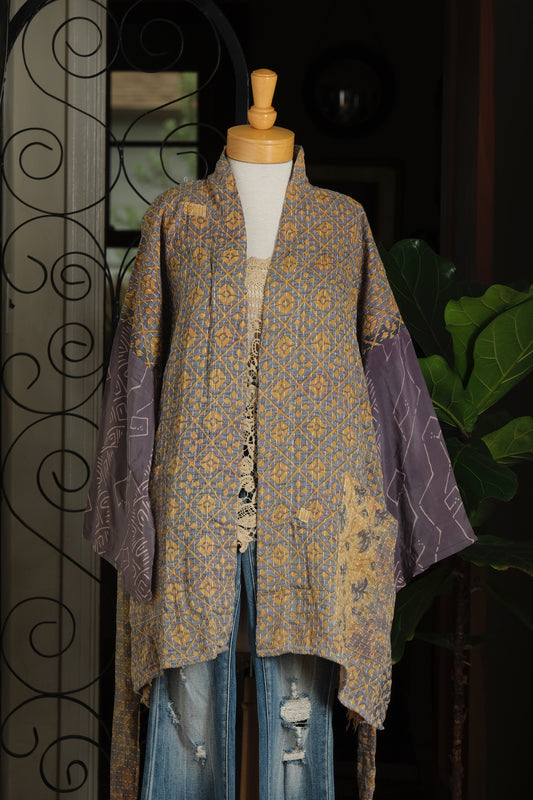 Silk Sleeve Kantha Jacket in Grey Diamond