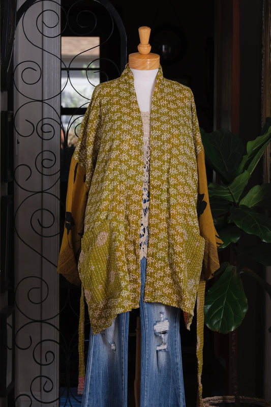 Silk Sleeve Kantha Jacket in Shadow Flower