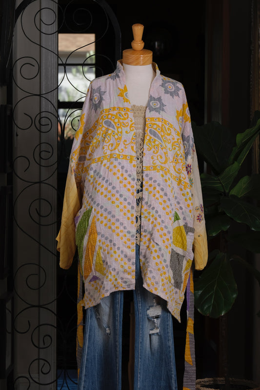 Silk Sleeve Kantha Jacket in Lemon Drop