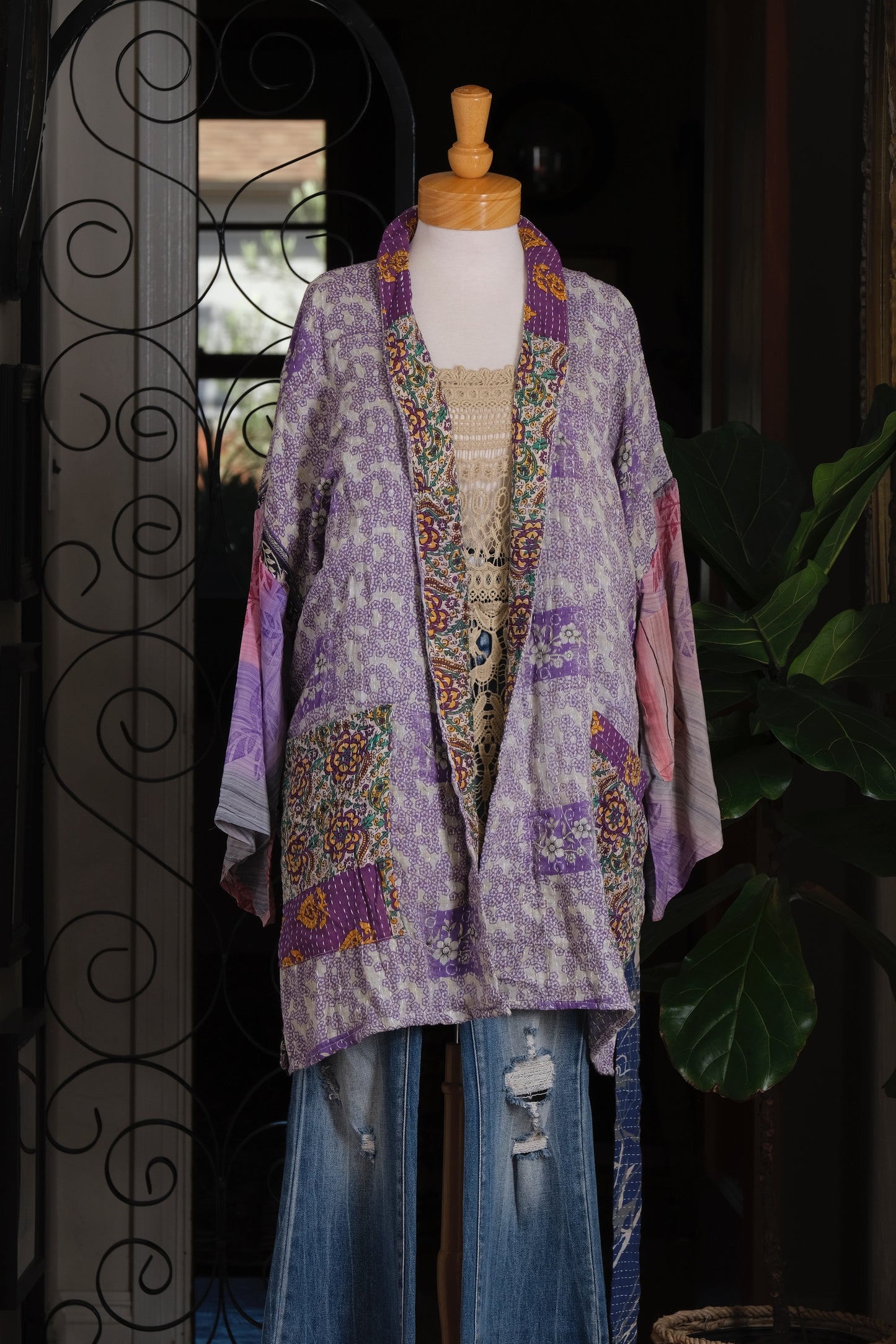 Silk Sleeve Kantha Jacket in Lavender Flower