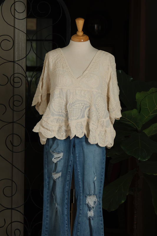 Adelise Embroidered V Neck Top in Ecru